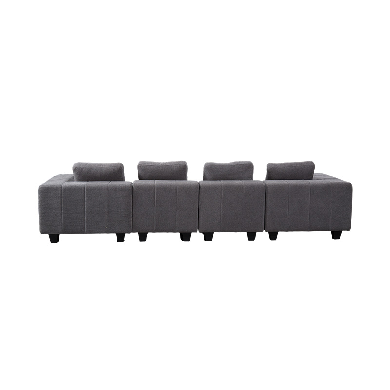 Sofa mô-đun lớn hình chữ L bằng vải màu xám nhạt với đệm vuông, phong cách tối giản hiện đại