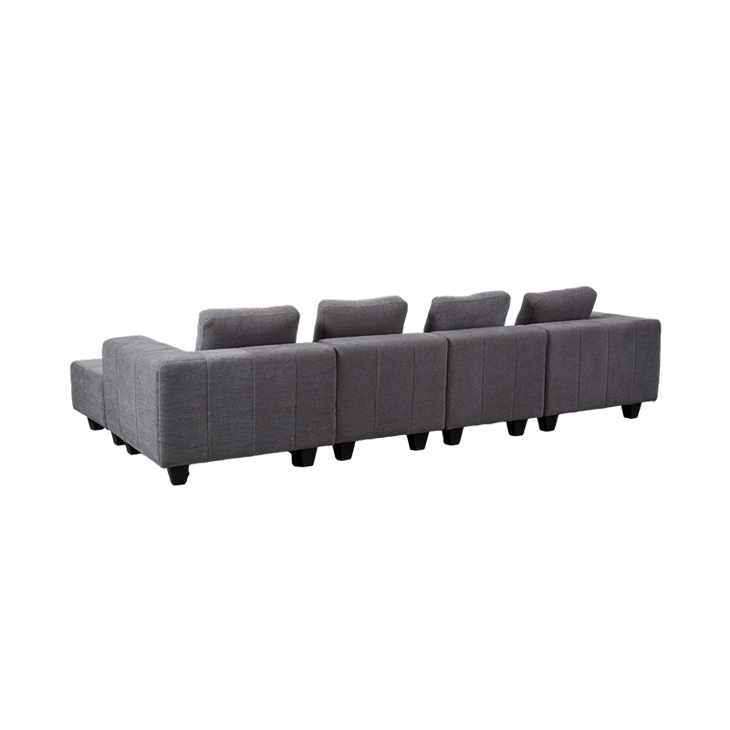 Sofa mô-đun lớn hình chữ L bằng vải màu xám nhạt với đệm vuông, phong cách tối giản hiện đại