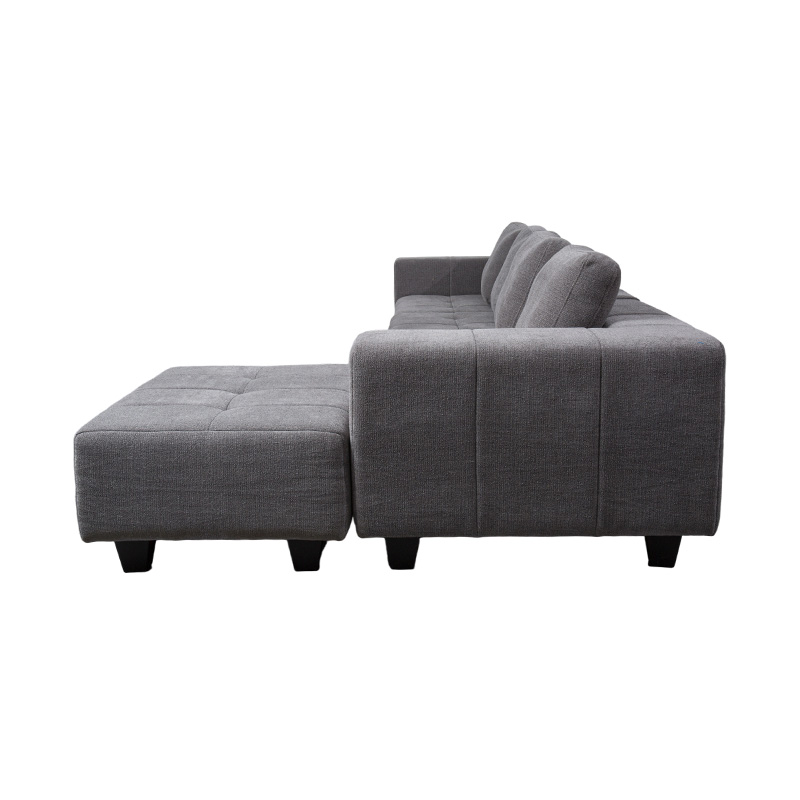 Sofa mô-đun lớn hình chữ L bằng vải màu xám nhạt với đệm vuông, phong cách tối giản hiện đại