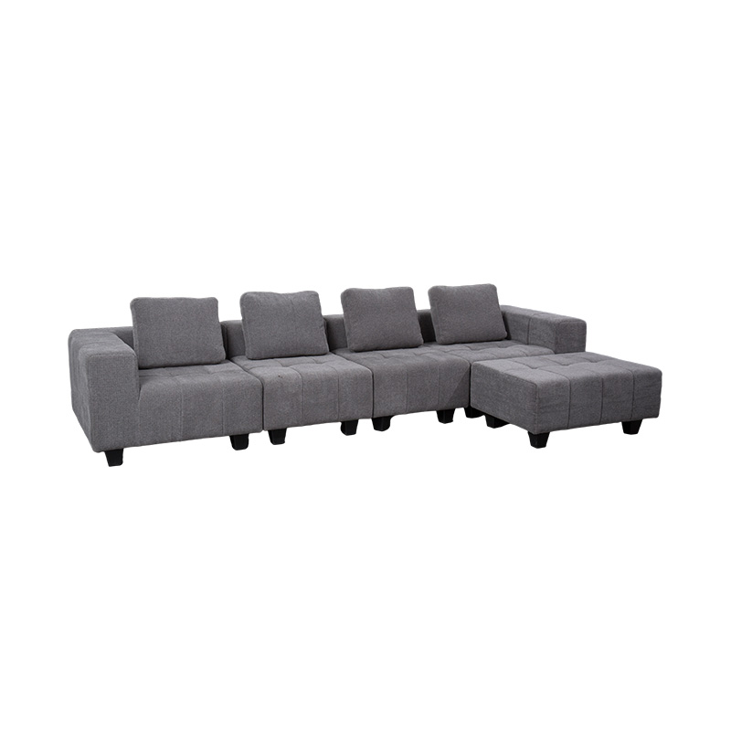 Sofa mô-đun lớn hình chữ L bằng vải màu xám nhạt với đệm vuông, phong cách tối giản hiện đại