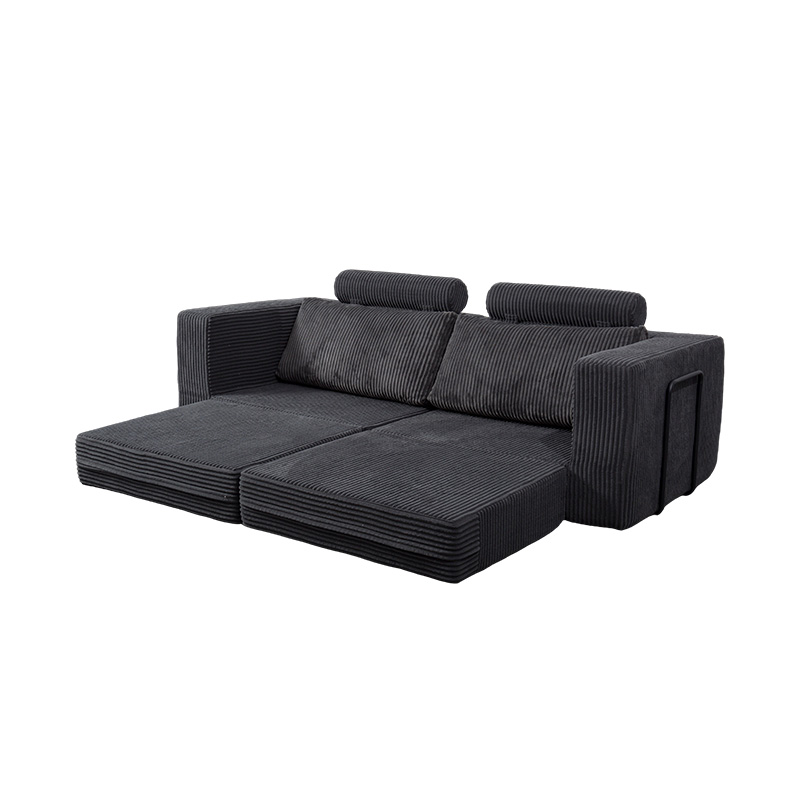Sofa mui trần hiện đại bằng vải nhung màu xám đậm có đệm, bố cục mô-đun linh hoạt