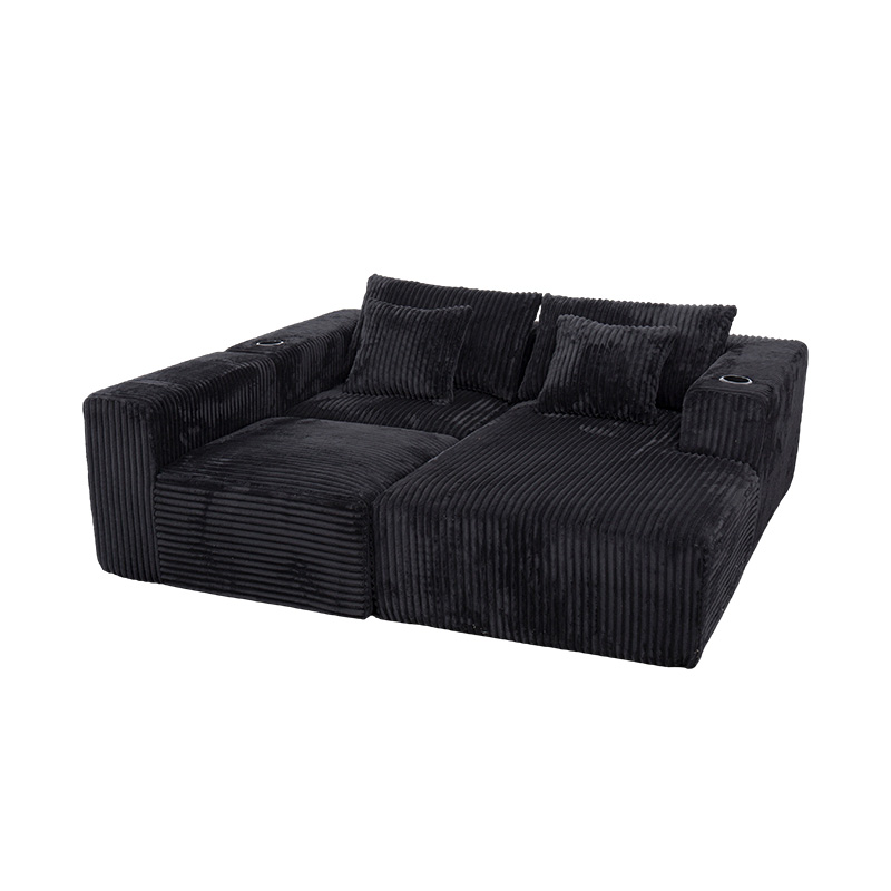 Sofa góc hình chữ L lớn bằng vải nhung màu đen với các mô-đun đầy bọt, nhiều đệm và giá đỡ cốc tích hợp