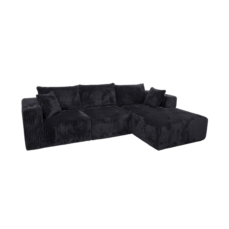 Sofa góc hình chữ L lớn bằng vải nhung màu đen với các mô-đun đầy bọt, nhiều đệm và giá đỡ cốc tích hợp