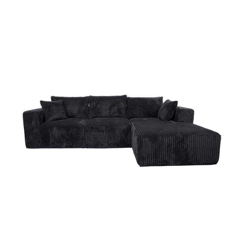 Sofa góc hình chữ L lớn bằng vải nhung màu đen với các mô-đun đầy bọt, nhiều đệm và giá đỡ cốc tích hợp